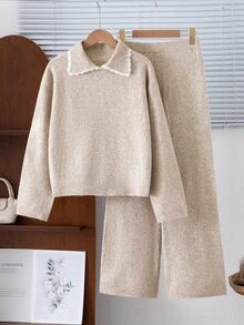 SHEIN Teen Girls Lace Trim Peter Pan Collar Knitted 2 Pieces Set, Soft Solid Color Loose Sweater With Knitted Wide Leg Pants, Fashion Casual Outfit - Khaki - View 10