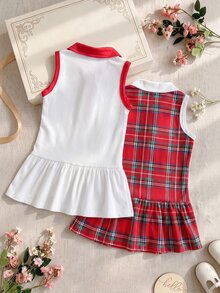 SHEIN 2件組幼女 Polo 洋裝，甜美優雅紅白格紋印花，鈕扣無袖翻領，休閒度假海灘夏季聖誕派對洋裝，荷葉邊設計 - 紅色 - 查看 3