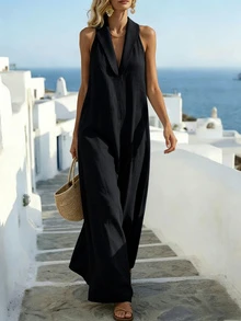 Hotletica Loose Elegant Retro Relaxed Vacation Island Travel A-Line Sleeveless Dress For Women - Black - View 5