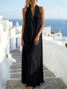 Hotletica Loose Elegant Retro Relaxed Vacation Island Travel A-Line Sleeveless Dress For Women - Black - View 6