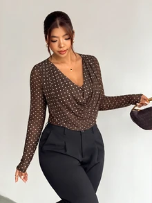 Firerie Plus Size Women's Brown Print Cowl Neck Long Sleeve Fashion T-Shirt Brunch Office Fall 1950s Vintage Elegant Christmas Day New Year Party Top Women - Brown - View 1