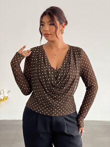 Firerie Plus Size Women's Brown Print Cowl Neck Long Sleeve Fashion T-Shirt Brunch Office Fall 1950s Vintage Elegant Christmas Day New Year Party Top Women - Brown - View 6