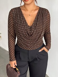 Firerie Plus Size Women's Brown Print Cowl Neck Long Sleeve Fashion T-Shirt Brunch Office Fall 1950s Vintage Elegant Christmas Day New Year Party Top Women - Brown - View 3