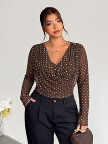 Firerie Plus Size Women's Brown Print Cowl Neck Long Sleeve Fashion T-Shirt Brunch Office Fall 1950s Vintage Elegant Christmas Day New Year Party Top Women - Brown - View 4