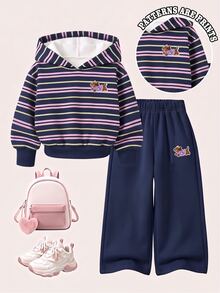 A Two Pieces Set For Young Girls, Featuring A Striped Hooded Sweatshirt And Wide-Leg Pants, A Cute Sa - Multicolor - View 2