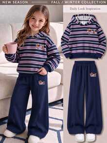 A Two Pieces Set For Young Girls, Featuring A Striped Hooded Sweatshirt And Wide-Leg Pants, A Cute Sa - Multicolor - View 1