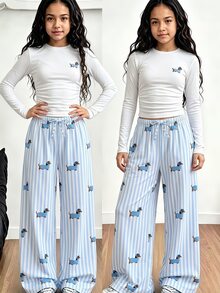 SHEIN 青少年女孩 2 件套秋季套裝，秋季風格圓領長袖上衣搭配藍白條紋臘腸狗印花寬腿褲，休閒秋季服飾 - 白色 - 查看 2