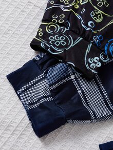 4pcs/Set Boys Plaid Gentleman Short Sleeve Pocket Top + Game Console Print Shorts Pajama Set, Black And Pink, Summer, Cute Casual, Parent-Child Matching - Multicolor - View 8