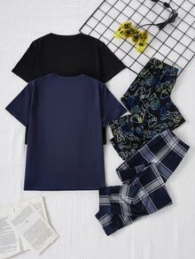 4pcs/Set Boys Plaid Gentleman Short Sleeve Pocket Top + Game Console Print Shorts Pajama Set, Black And Pink, Summer, Cute Casual, Parent-Child Matching - Multicolor - View 3