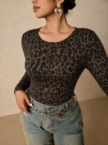Travachic Plus Size Women's Leopard Print Open Front Long Sleeve Round Neck Base Layer Top, Ruched Waist Design, Simple Casual Style, Loose Fit, Slimming Top For Autumn - Brown - View 6
