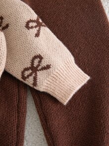 SHEIN Young Girl Drop Shoulder Bow Pattern Turtleneck Sweater And Pants 2 Pieces Set - Brown - View 5