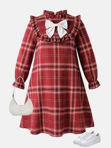 SHEIN Tween Girl Sweet Bow Decor Plaid Dress - Red - View 3