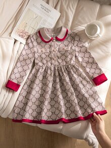 SHEIN Girls' Casual Commute Elegant Button Decor Ruffle Hem Fitted Long Sleeve Dress, Autumn/Winter Mid-Length Girls' Dress, Elegant Long Sleeve Dress For Girls - Khaki - View 3
