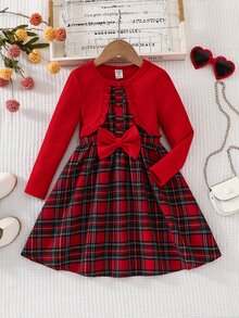 SHEIN Young Girl Young Girl Knitted Solid Color Ruffle Trim 3D Bow Plaid Patchwork Casual Round Neck Dress - Red - View 3