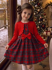 SHEIN Young Girl Young Girl Knitted Solid Color Ruffle Trim 3D Bow Plaid Patchwork Casual Round Neck Dress - Red - View 2