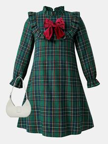 SHEIN Tween Girl Ruffle Collar Bow Decor Plaid Cute Dress - Green - View 2