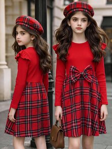 SHEIN Girls' Autumn Red Plaid Dress With Beret Hat Set, Little Girl Flutter Sleeve Long Sleeve Patchwork Dress With Bow - Red - View 3