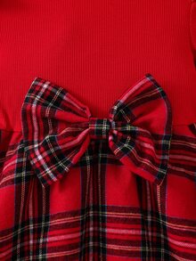 SHEIN Girls' Autumn Red Plaid Dress With Beret Hat Set, Little Girl Flutter Sleeve Long Sleeve Patchwork Dress With Bow - Red - View 5