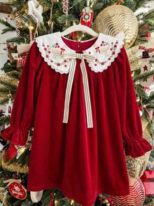 Young Girl Floral Embroidery Young Girl Peter Pan Collar Bowknot Decor Cute Dress - Red - View 1