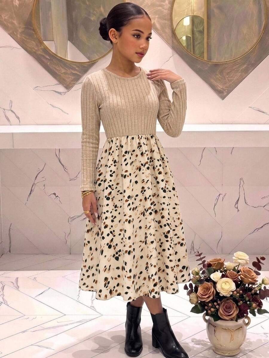 SHEIN Tween Girl Patchwork Pattern Kids Round Neck Long Sleeve Casual Dress - Apricot - View 1