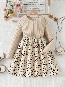SHEIN Tween Girl Patchwork Pattern Kids Round Neck Long Sleeve Casual Dress - Apricot - View 3