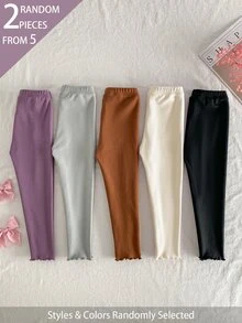 SHEIN 5件組 隨機2件 秋冬保暖內裡加厚連體毛絨女童褲 甜美可愛 百搭軟底 密集毛邊修飾 - 彩色 - 查看 2