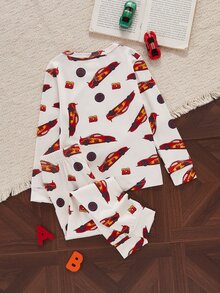 Autumn/Winter 2 Pieces Set Boys Toddler Long Sleeve Pullover Top And Pants, Racing Car & Number Design, Holiday Loungewear Essential, Perfect New Year Gift For Boys, Fitted Pajamas - Multicolor - View 2
