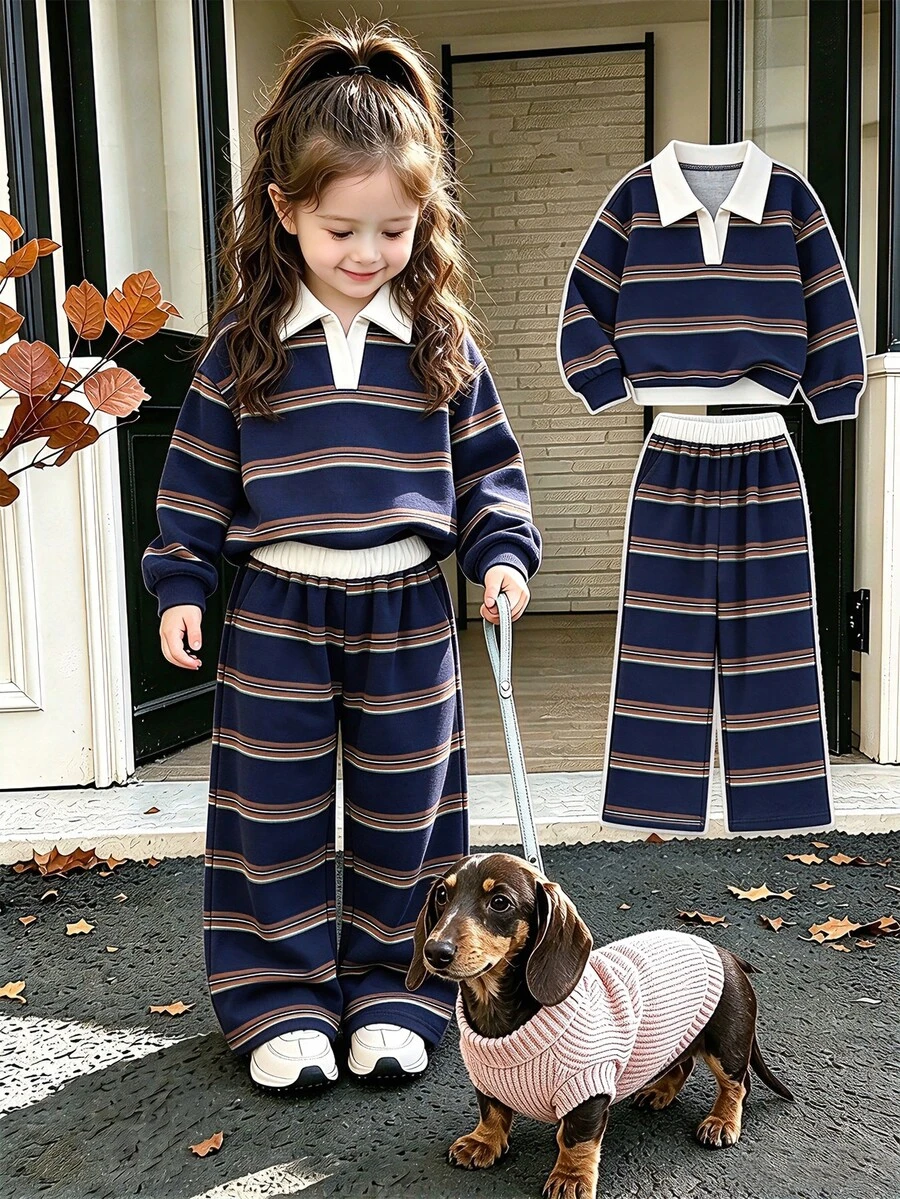 SHEIN Young Girl Retro Multi Color Striped Polo Long Sleeve Pullover Top With Loose Straight Tracksuit Pants 2pcs Classic Co-Ords Christmas Winter - Navy Blue - View 1