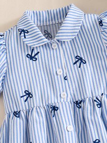 SHEIN Young Girl Striped Bow Print Puff Sleeve Lapel A-Line Dress, Cute Casual Summer Everyday Flare Princess Button Front Dress - Blue - View 5