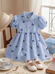 SHEIN Young Girl Striped Bow Print Puff Sleeve Lapel A-Line Dress, Cute Casual Summer Everyday Flare Princess Button Front Dress - Blue - View 2