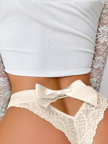 SHEIN Women Floral Lace Bow Back Panty, Sexy Low Rise Hollow Out Comfortable Everyday Underwear - Beige - View 1