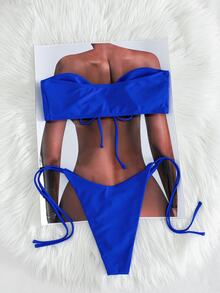 SHEIN Swim 女款素色無肩帶性感比基尼泳衣，無鋼圈，適用於海灘度假、春假 - 寶藍色 - 查看 2