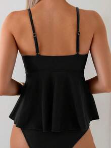 SHEIN Swim 2件組女款優雅度假咖啡色貝殼與金屬珠飾坦基尼比基尼泳裝，夏季海灘穿搭 - 黑色 - 查看 2