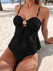 SHEIN Swim 2件組女款優雅度假咖啡色貝殼與金屬珠飾坦基尼比基尼泳裝，夏季海灘穿搭 - 黑色 - 查看 1