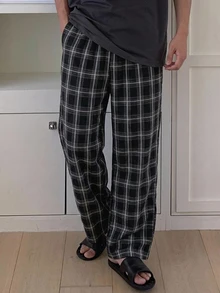 DAZY Men's Spring/Autumn Black Plaid Brushed Fabric Elastic Waist Long Loungewear Bottoms - Black - View 5
