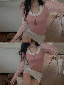 DAZY Patchwork Contrast Color Lace Fitted Halter Neck Elegant Sexy Vacation Korean Style Spring Autumn Women's T-Shirt Long Sleeve Tops - Pink - View 2