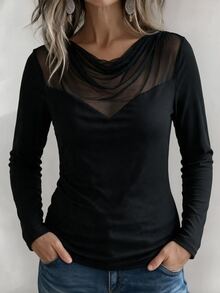 Weeklong Plus Size Sexy Mesh Patchwork Long Sleeve T-Shirt - Black - View 3