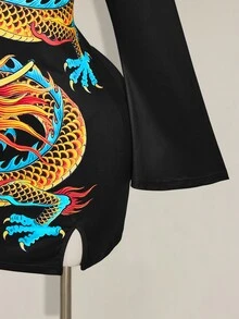 SHEIN ICON 大尺碼女款秋冬復古性感旗袍領淚滴鏤空喇叭袖龍紋黑色新中式連身裙 - 黑色 - 查看 6