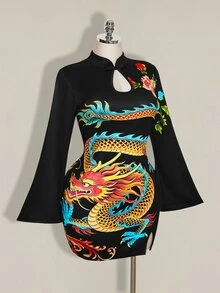 SHEIN ICON 大尺碼女款秋冬復古性感旗袍領淚滴鏤空喇叭袖龍紋黑色新中式連身裙 - 黑色 - 查看 8