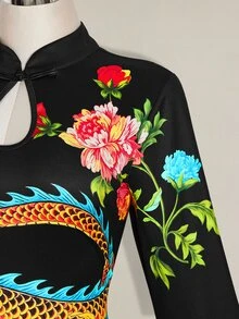 SHEIN ICON 大尺碼女款秋冬復古性感旗袍領淚滴鏤空喇叭袖龍紋黑色新中式連身裙 - 黑色 - 查看 11