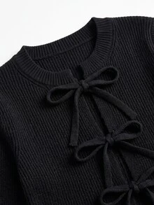 SHEIN 秋季新款女款黑白拼色針織開襟衫上衣，浪漫性感，適合外出、早午餐、夜晚聚會與休閒穿著 - 黑色 - 查看 7