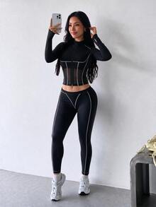 SHEIN Dewbera Casual Striped Colorblock Zip-Up Sports Jacket - Black - View 5