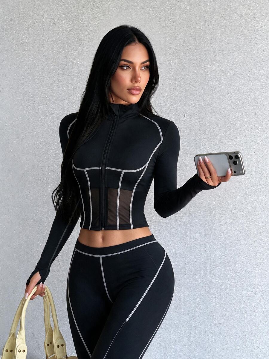 SHEIN Dewbera Casual Striped Colorblock Zip-Up Sports Jacket - Black - View 1