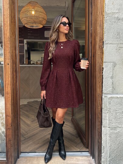 SHEIN LUNE Casual Commute Women's Short Dress, Gold & Silver Metallic Pleated Long Sleeve, Autumn/Winter Daily Basic Party & Outing Outfit