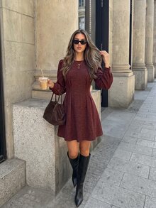 SHEIN LUNE Casual Commute Women's Short Dress, Gold & Silver Metallic Pleated Long Sleeve, Autumn/Winter Daily Basic Party & Outing Outfit - Burgundy - View 6