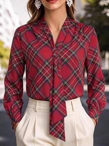 SHEIN Clasi Plus Size Casual Elegant Plaid Long Sleeve Business Shirt For Office Formal Christmas Fall - Red - View 3
