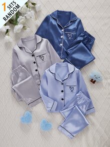 SHEIN 女童純色緞面極簡口袋愛心印花長袖開襟外套配長褲休閒家居服 3 套隨機發貨 1 - 藍色 - 查看 3