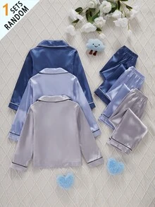 SHEIN 女童純色緞面極簡口袋愛心印花長袖開襟外套配長褲休閒家居服 3 套隨機發貨 1 - 藍色 - 查看 2