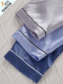 SHEIN 女童純色緞面極簡口袋愛心印花長袖開襟外套配長褲休閒家居服 3 套隨機發貨 1 - 藍色 - 查看 7