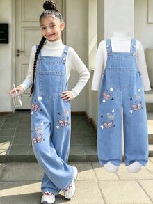 SHEIN Girls' Denim Effect Adjustable Strap Overalls, Butterfly & Heart Print Front Pockets, Loose Wide Leg Blue Jumpsuit, Big Girls' Set - Light Wash - View 4